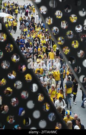Swedish football supporters arrive at Tele 2 arena in Stockholm before an international match. Stock Photo