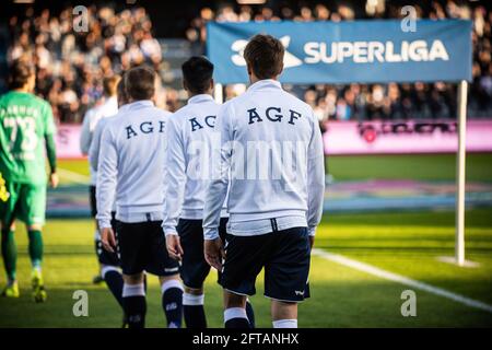 Aarhus, Denmark. 20th May, 2021. The players of Aarhus GF enter the pitch for the 3F Superliga match between Aarhus GF and Broendby IF at Ceres Park in Aarhus. (Photo Credit: Gonzales Photo/Alamy Live News Stock Photo