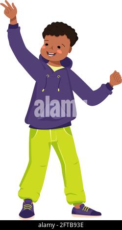 A dark skinned boy in a sweatshirt, jeans and sneakers smiles. Happy child with curly black hair. Afro American teenager in bright clothes. World Stock Vector