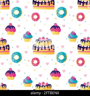 Seamless pattern with different sweets. Cakes and cupcakes decorated with berry and cream. Donut with glaze and colorful sprinkles. Various confection Stock Vector