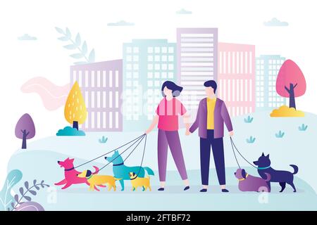 Love couple walks with pets in park. Dog active walkers with leash. Weekend, people spend time together. City view on background. Trendy flat vector i Stock Vector