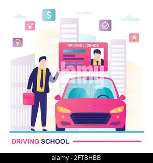 Male instructor holds driving license. Concept of driving school, education and drive lesson. Modern car and city view in trendy style. Advertising ba Stock Vector