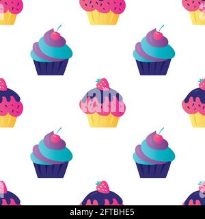 Seamless pattern with various cupcakes. Various sweets on white background. Confectionery with decorated berries and sprinkles. Desserts, pastries and Stock Vector