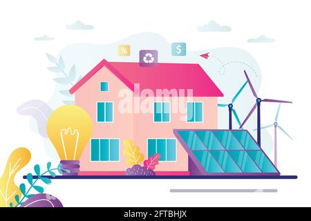 Eco friendly family house. Solar panels and wind turbine generating electricity. Concept of renewable energy and save environment. Green energy. Banne Stock Vector
