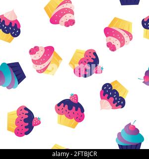 Seamless pattern with various cupcakes. Various sweets on white background. Confectionery with decorated berries and sprinkles. Desserts, pastries and Stock Vector