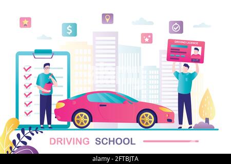 Driving school. Student and instructor and a training car. Vector ...
