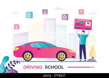 Novice driver holds driving license. Male character stands near new automobile. Man passed driving test and got license. Concept of driving school and Stock Vector