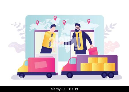 Customer and supplier shake hands on smartphone screens. Logistics, delivery of goods all over world. Globalization, modern technologies in sales, del Stock Vector