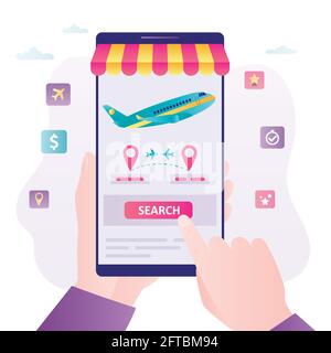 Searching for air tickets on smartphone screen. Hand holds phone with flight tickets online booking. Concept of buying ticket, travel and vacation abr Stock Vector