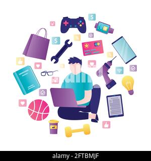 Male character using laptop for shopping in online store. Different objects around man. Concept of internet shopping, e-commerce and marketing. Banner Stock Vector