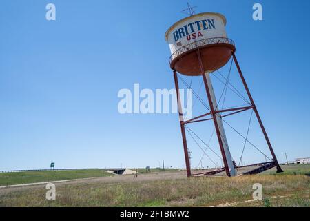 Groom, Texas - May 6, 2021: The famous Britten USA water tower, also known as the Leaning Tower of Texas, a famous Route 66 attraction Stock Photo