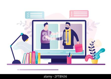 Successful negotiations, businesspeople shake hands on monitor screen. Remote negotiations on internet. Online business communication, successful deal Stock Vector