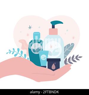 Woman hand holds different organic cosmetics. Various bottles and tubes of eco-friendly beauty products. Creams and lotions for skin care. Environment Stock Vector