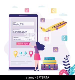 Female character looking tickets for travel. Flight search application on smartphone screen. Woman traveler with luggage buys tickets online. Internet Stock Vector