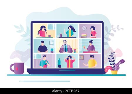 Colleagues communicate on video call. Business people discuss project on laptop screen. Concept of video conference, working from home and online meet Stock Vector