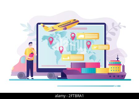 Manager monitors the delivery of parcels. Ship full of various cargo. Concept of logistics, transportation and worldwide shipping. Map with destinatio Stock Vector