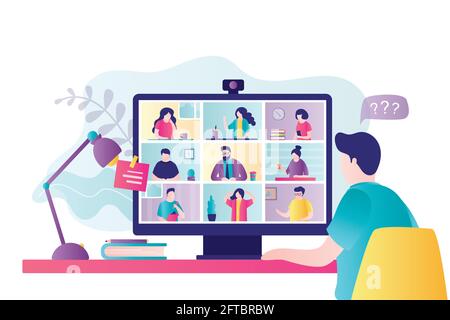 Businessman talking to people on video conference. Various humans on computer screen communicate with colleague. Concept of online meeting, webinar an Stock Vector
