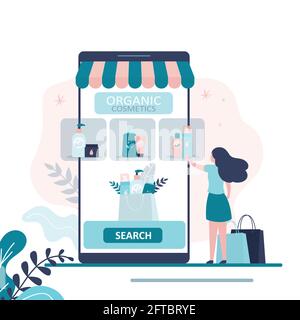 Female character searching and chooses natural products in online store. Various organic cosmetics on smartphone screen. Concept of e-commerce, skinca Stock Vector