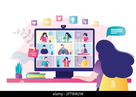 Woman communicates with colleagues via video call. Desktop computer with group of people taking part in video conference. Concept of virtual work meet Stock Vector