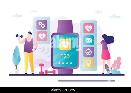 Male character trains with fitness tracker. Woman checks mail on smart watch. Concept of healthy lifestyle, new technology. Smartwatch measure heart r Stock Vector