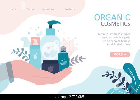 Hand holds different natural products. Various bottles, tubes and jars with label. Concept of organic cosmetics, skincare and vegan product. Landing p Stock Vector