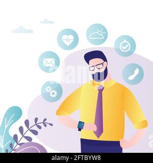 Businessman looks through notifications and messages on smartwatch. Synchronization of watches with smartphone. Wireless technologies, human interacti Stock Vector