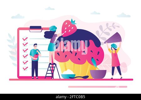 Pastry chef decorates delicious cupcake with strawberries. Concept of ingredients and work process. Team engaged in confectionery business. Male manag Stock Vector