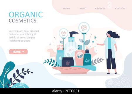 Organic cosmetic store landing page template. Seller provides discount on natural cosmetics. Assortment of different organic products, skincare concep Stock Vector