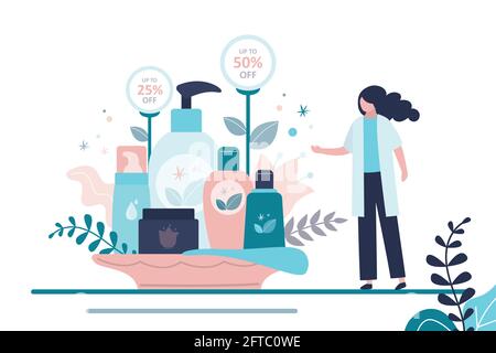 A set of bottles and tubes of cosmetics, jars for skin care with face, hair  and body cream. Trendy style for postcard, banner, wrapping paper template.  Vector illustration. 5295191 Vector Art at