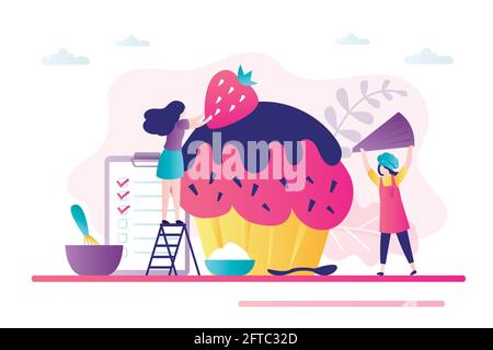 Cute woman decorates cupcake with strawberries. Concept of the production of sweets, dessert business. Professional confectionery chef. Female charact Stock Vector