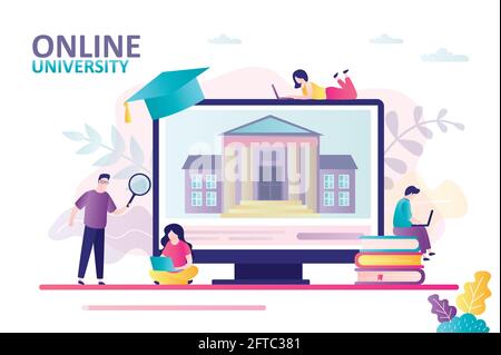 Concept of online education, technology and e-learning. University or college building on computer screen. Young students studying at home. People lea Stock Vector