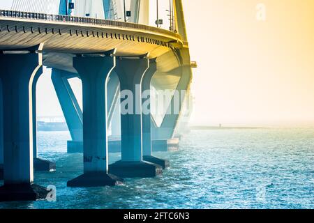 The Bandra–Worli Sea Link is a bridge that links Bandra in the Western Suburbs of Mumbai with Worli in South Mumbai. Stock Photo