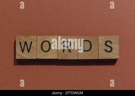 Words, word in wooden alphabet letters isolated on brown background Stock Photo