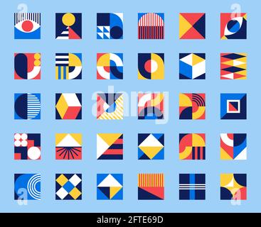 Bauhaus forms. Square tiles with modern geometric patterns with abstract figures and shapes. Contemporary graphic bauhaus design vector set Stock Vector