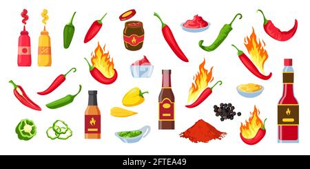 Cartoon hot sauce. Chili ketchup bottles and jars, wasabi and mustard. Souce splashes, spicy dip and cayenne pepper with flames vector set Stock Vector