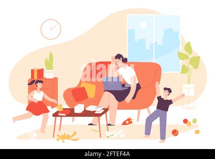 Mother work from home. Hyperactive kids and tired mom with laptop in messy room. Freelance woman with children. Parent stress vector concept Stock Vector