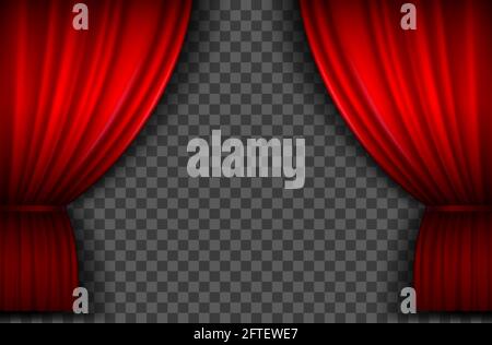 Red curtains. Realistic open velvet stage curtain for theatre show, circus or cinema. Portiere drapes for premiere ceremony vector template Stock Vector