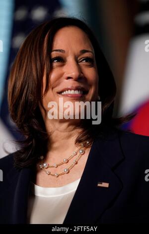 U.S. Vice President Kamala Harris is seen during a meeting with Moon Jae-in, South Korea's president, in the Vice President's Ceremonial Office in Washington, DC on Friday, May 21, 2021. Moon Jae-in is set to make a last-ditch attempt to bring the U.S. and North Korea together under his watch when he meets President Biden at the White House today, trying to revive dormant nuclear talks in his final year in office.     Photo by  Ting Shen/UPI Stock Photo