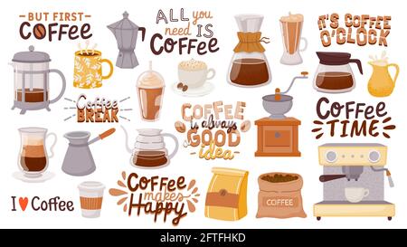 Coffee quotes and cups. Morning breakfast hot drink design for cafe posters. But first coffee. Cappuccino, espresso and latte cup vector set Stock Vector