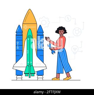 Project development - colorful flat design style illustration with line elements. Startup, new business concept. A composition with a female manager f Stock Vector