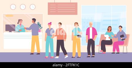 Queue to bank cashier. Customers wait in line to cash desk with clerk in bank office interior. Payment or financial withdraw vector concept Stock Vector