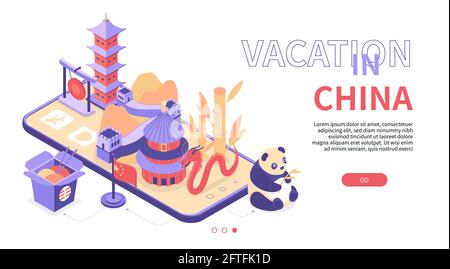 Vacation in China - modern colorful isometric web banner with copy space for text. An illustration with Chinese symbols and landmarks placed on smartp Stock Vector
