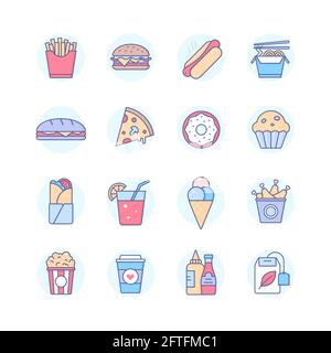 Fast food - modern line design style icons set. Cafe or restaurant menu, snacks and drinks. Colorful images of hamburger, french fries, hot dog, wok, Stock Vector