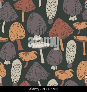 Vector seamless pattern with various mushrooms on dark background. Grey and orange decorative mushrooms. Stock Vector