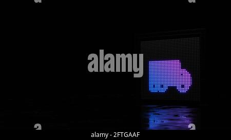 3d rendering light wall with blue violet spots shaped as symbol of moving truck on black background with wet floor reflection Stock Photo