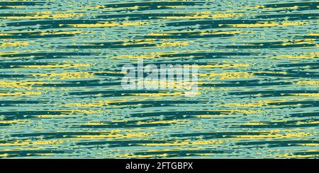 Abstract painterly flame stitch vector seamless border background. Banner with malachite green and yellow blended irregular stripes. Layered ink paint Stock Vector