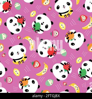 Kawaii panda and fruit seamless vector pattern background. Pink backdrop with cartoon bears holding apples, bananas, strawberries, oranges. Laughing Stock Vector