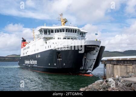 The Caledonian MacBrayne MV Finlaggan arriving at Kennacraig Ferry Terminal, West Loch Tarbert, Argyll. Stock Photo