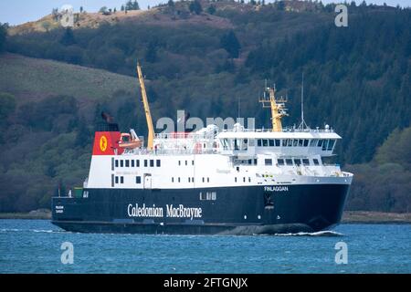 The Caledonian MacBrayne MV Finlaggan arriving at Kennacraig Ferry Terminal, West Loch Tarbert, Argyll. Stock Photo