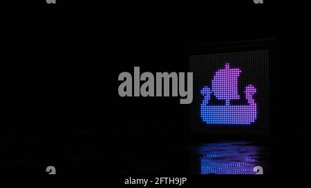 3d rendering light wall with blue violet spots shaped as symbol of old Viking boat from profile on black background with wet floor reflection Stock Photo